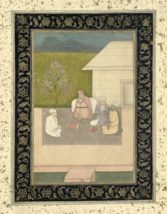 Four Muslim holy men seated in meditation outside a hut, from the Large Clive Album by Mughal School